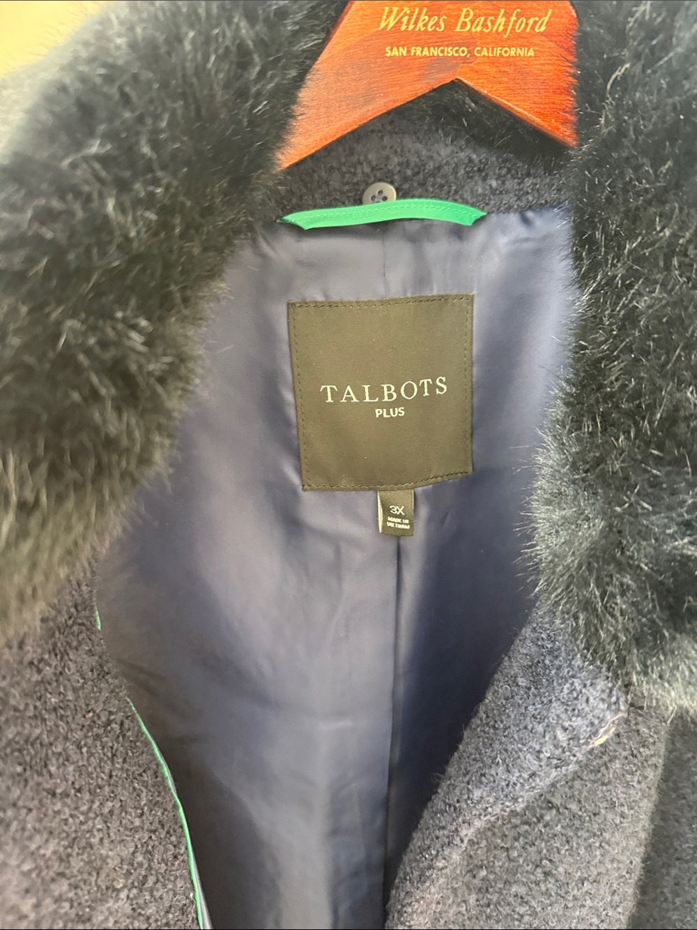 Talbots Plus Navy Swing Coat with Black Faux-Fur Collar (Removable)